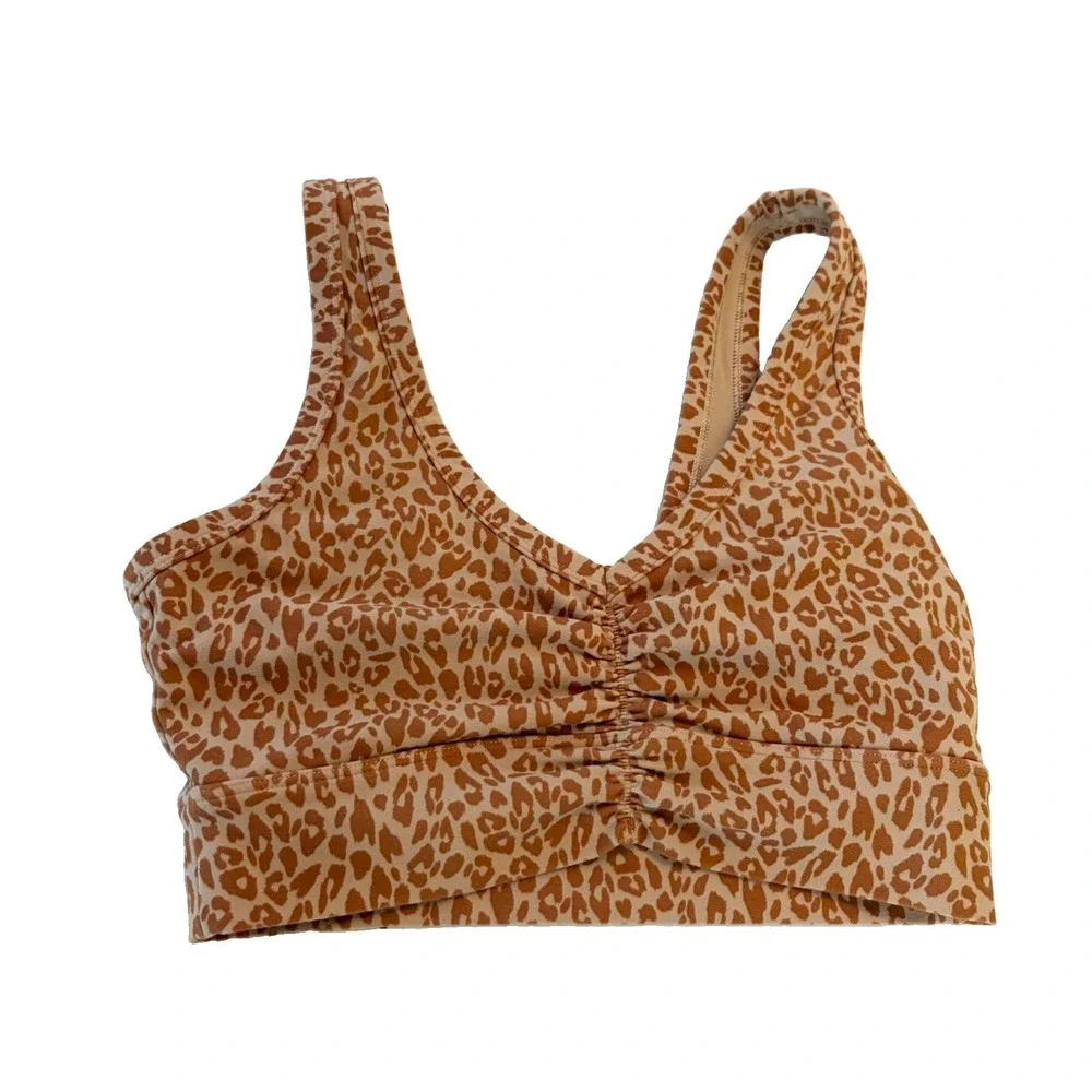 Lorna Jane Leopard Print Brown Ruched V-Neck Longline Sports Bra Comfortable M